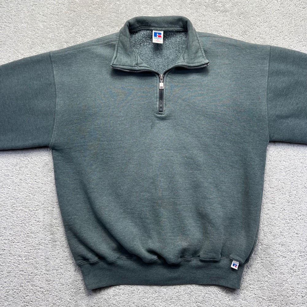 VINTAGE 90s Russell Athletic‎ Sweatshirt XL Grey Faded Blank 1/4 Zip Pullover - Picture 2 of 14